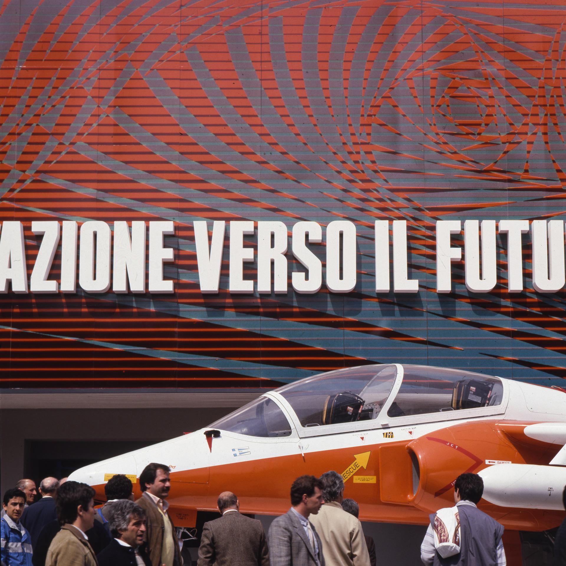 S. 211 airplane on display at the 1985 Milan Trade Fair