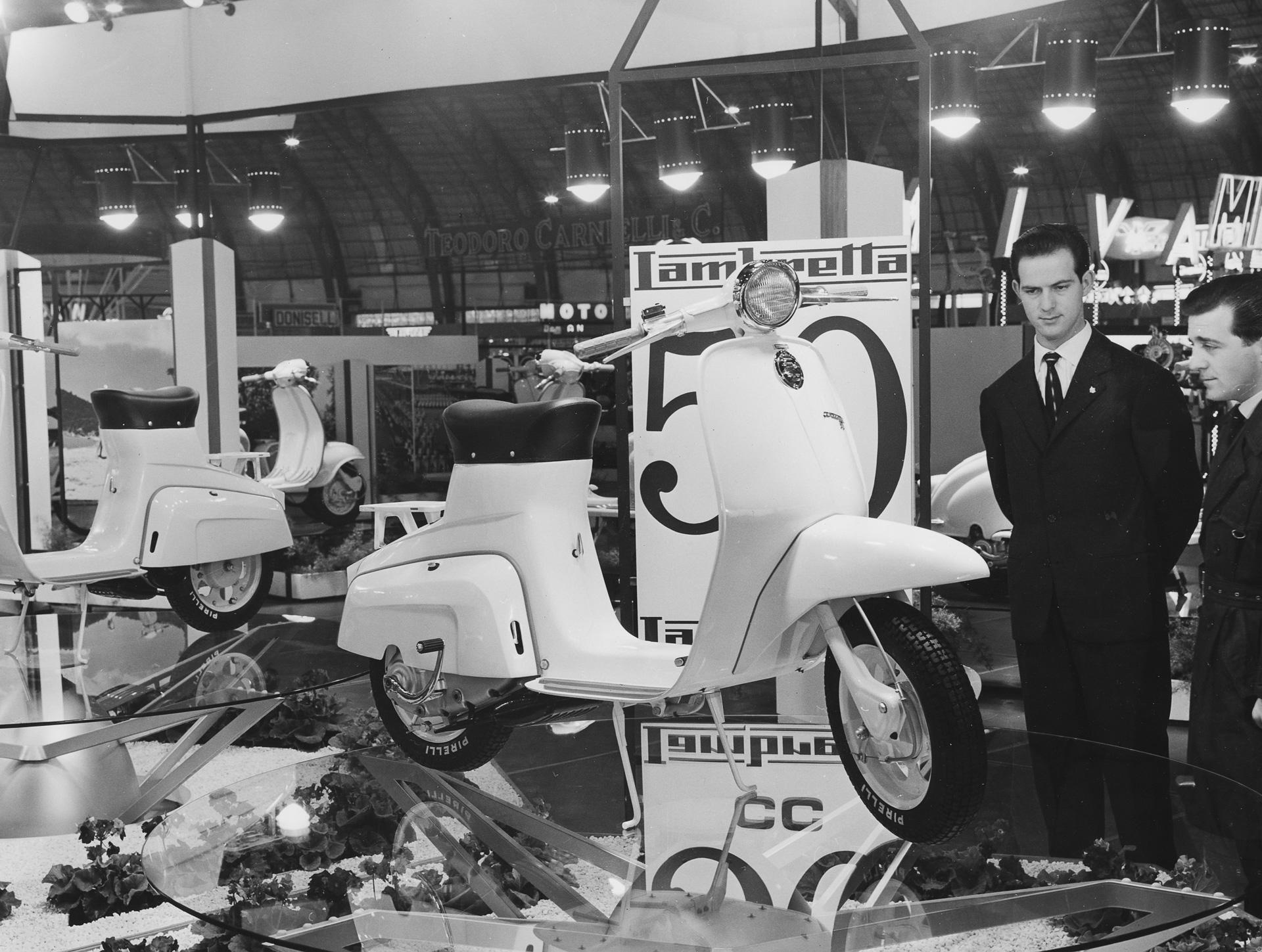 Innocenti stand at the Eicma International Bicycle and Motorcycle Exhibition at the 1961 Milan Trade Fair